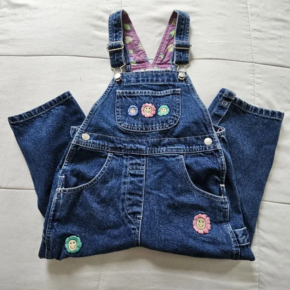 Newton Trading Co. 90s Boho Floral Smiley Face Embroidered Denim Overalls, 4T - Picture 3 of 10